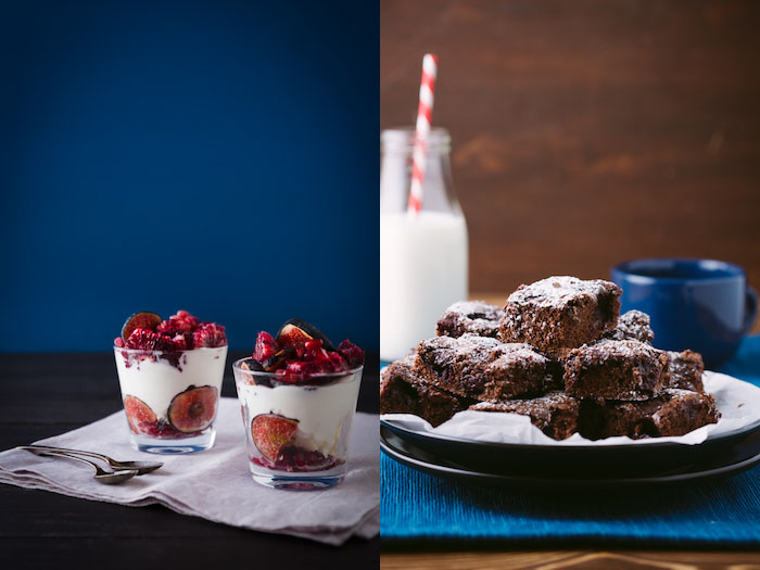 Diptych photo collage showing 2 servings of eton mess in glass cips with blue background, a pile of chocolate brownies on a plate. 