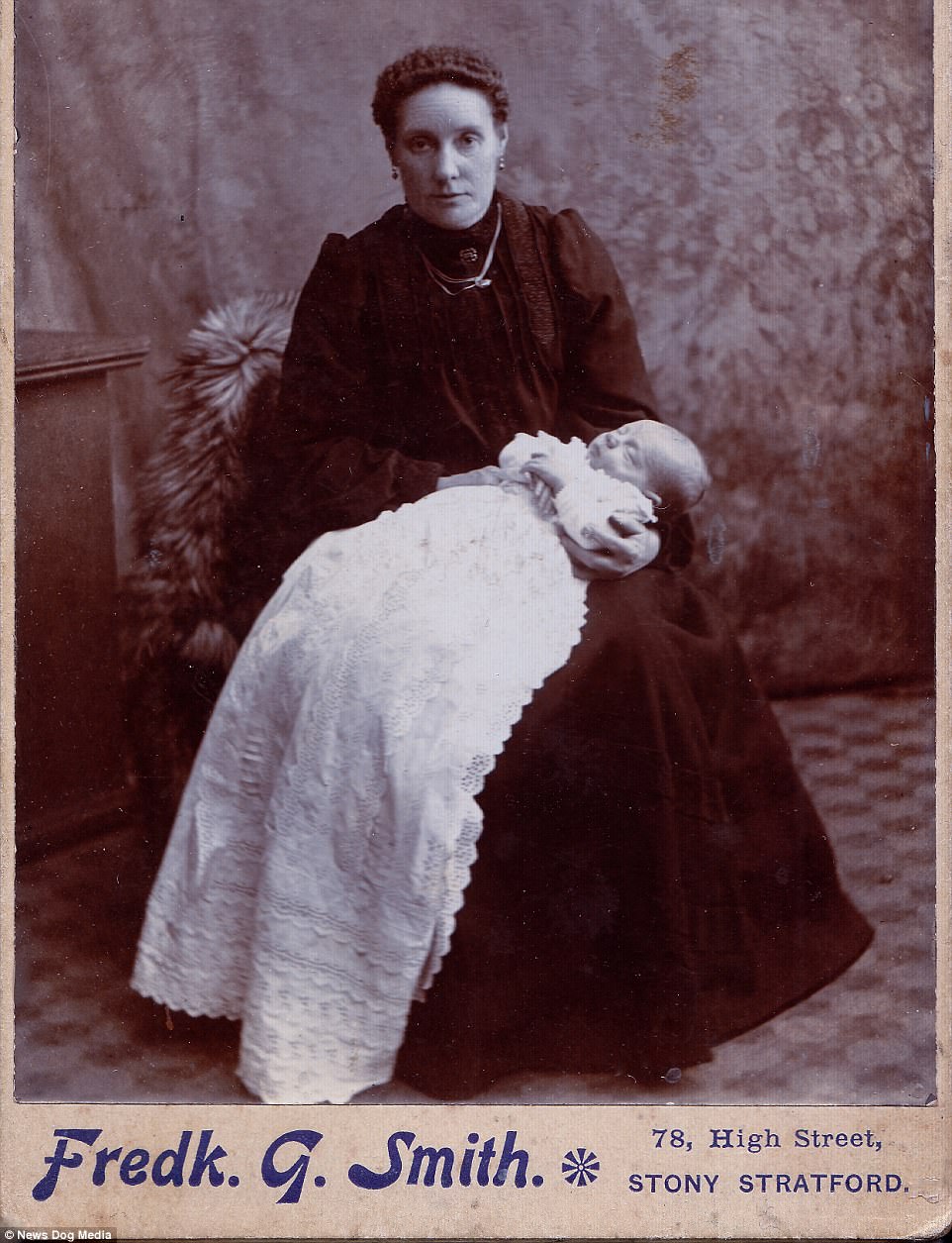A Cabinet Card postmortem image of a baby with its mother from England, circa 1890. In early images, a rosy tint was even added to the cheeks of corpses.