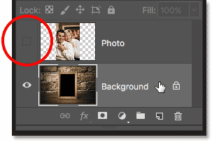Hiding the top layer and selecting the bottom layer in Photoshop