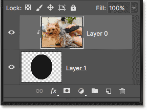 The Layers panel showing the top layer clipped to the bottom layer after creating the clipping mask