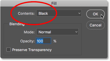 Choosing Black in the Fill dialog box in Photoshop