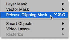 Choosing the Release Clipping Mask command from the Layer menu in Photoshop