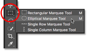 Selecting the Elliptical Marquee Tool from the Toolbar in Photoshop