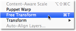 Selecting the Free Transform command in Photoshop. 