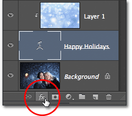 Clicking the Layer Styles icon in the Layers panel in Photoshop. 