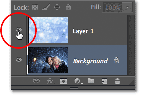 Clicking on the layer visibility icon for the top layer in the Layers panel. 