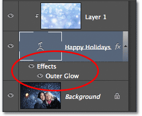The Layers panel showing the Outer Glow style added to the Type layer. 