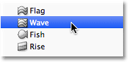 Selecting the Wave warp option in Photoshop. 