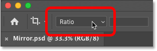 Setting the Aspect Ratio option for the Crop Tool to Ratio in Photoshop