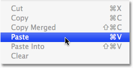 Selecting Paste from the Edit menu in Photoshop. Image © 2008 Photoshop Essentials.com.