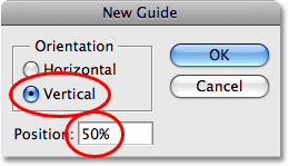 The New Guide dialog box in Photoshop. Image © 2008 Photoshop Essentials.com.