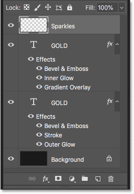 The Layers panel showing the text effect layers and the Background layer in Photoshop.