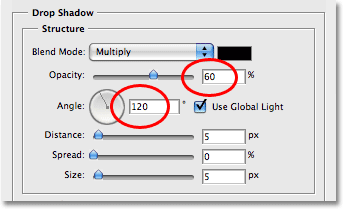 The Drop Shadow options in the Layer Style dialog box in Photoshop. Image © 2008 Photoshop Essentials.com.