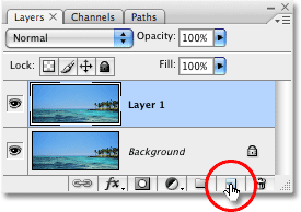 The New Layer icon at the bottom of the Layers palette in Photoshop. Image © 2008 Photoshop Essentials.com.